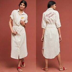Anthro Corey Lynn Calter Fiesta Mexican tan white Striped tie Shirtdress size M